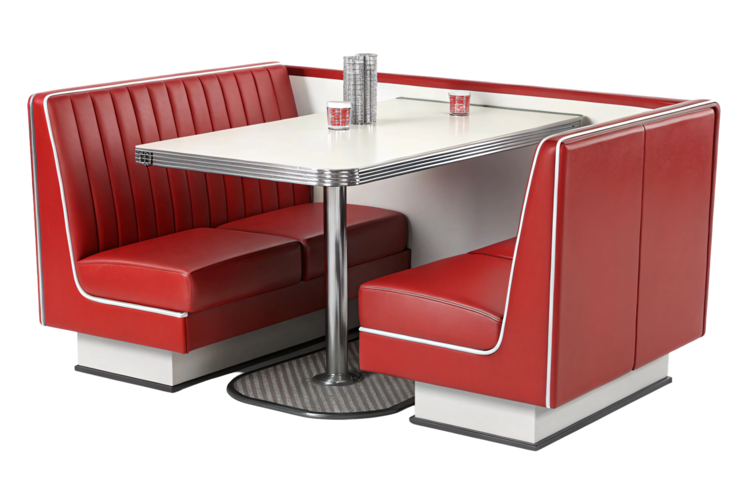 Vintage booth with bold red seating and a pristine white table, complete with a condiment set and retro-inspired accents png