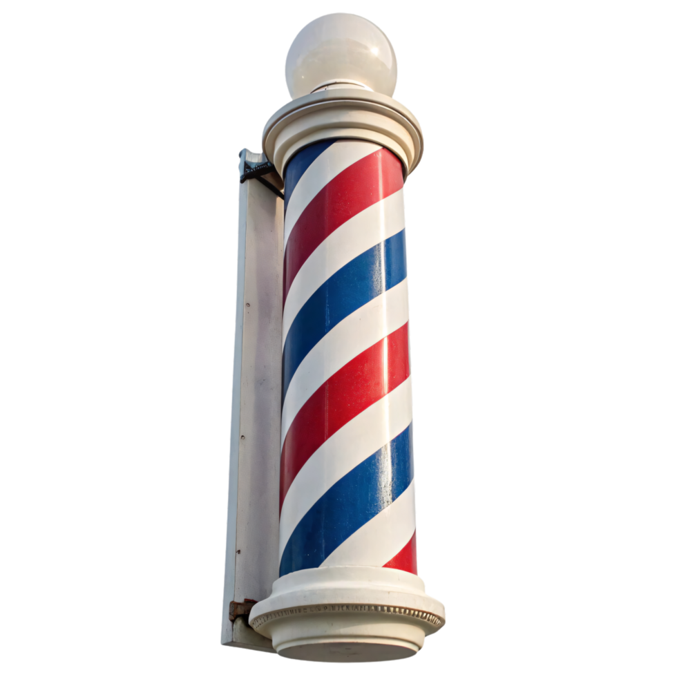 Slightly weathered barber pole with bold red, white, and blue spirals and a spherical light at the top, attached to an old bracket png