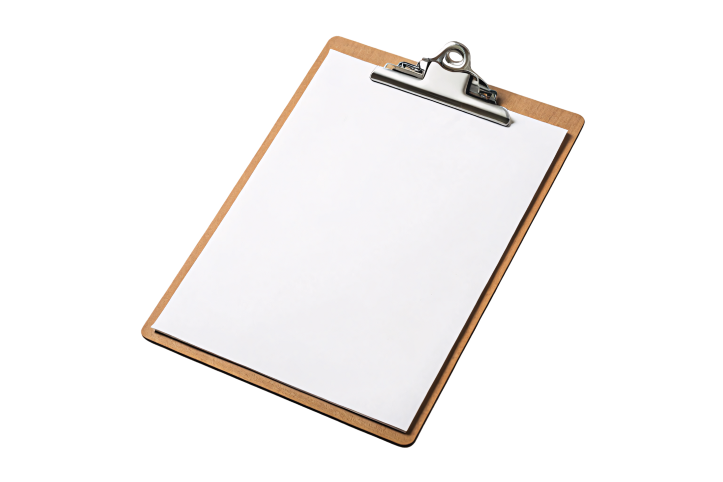 A closer perspective of the clipboard, highlighting the sharp edges of the paper and the polished metal clip at the top png