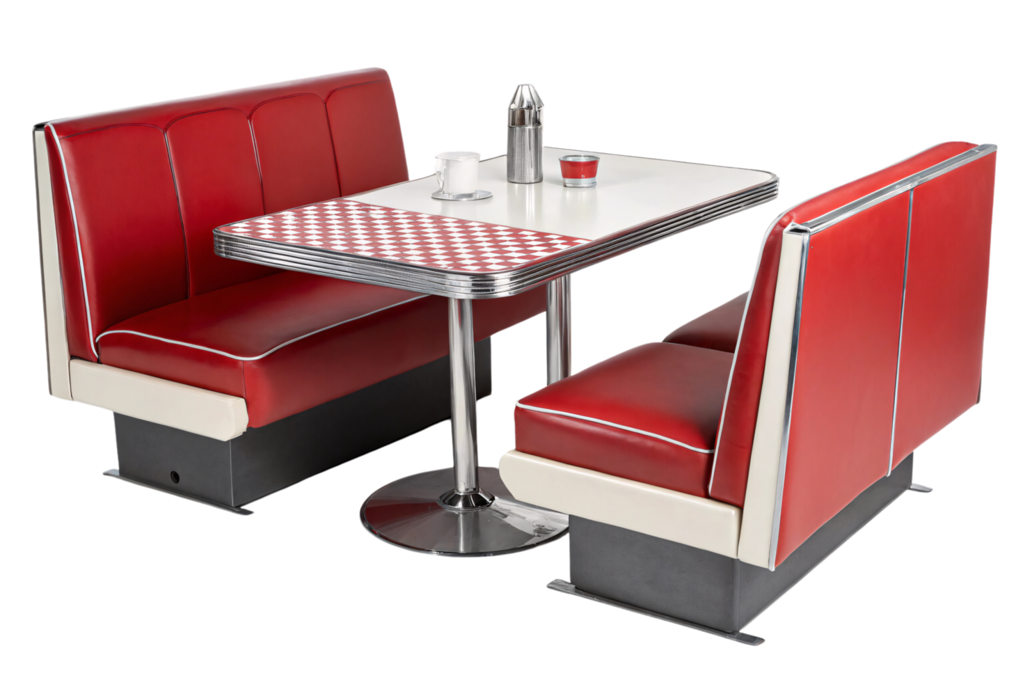 A 1950s-style booth featuring red upholstery and a checkerboard-patterned table with a coffee pot and sugar jar, blending nostalgia and functionality png