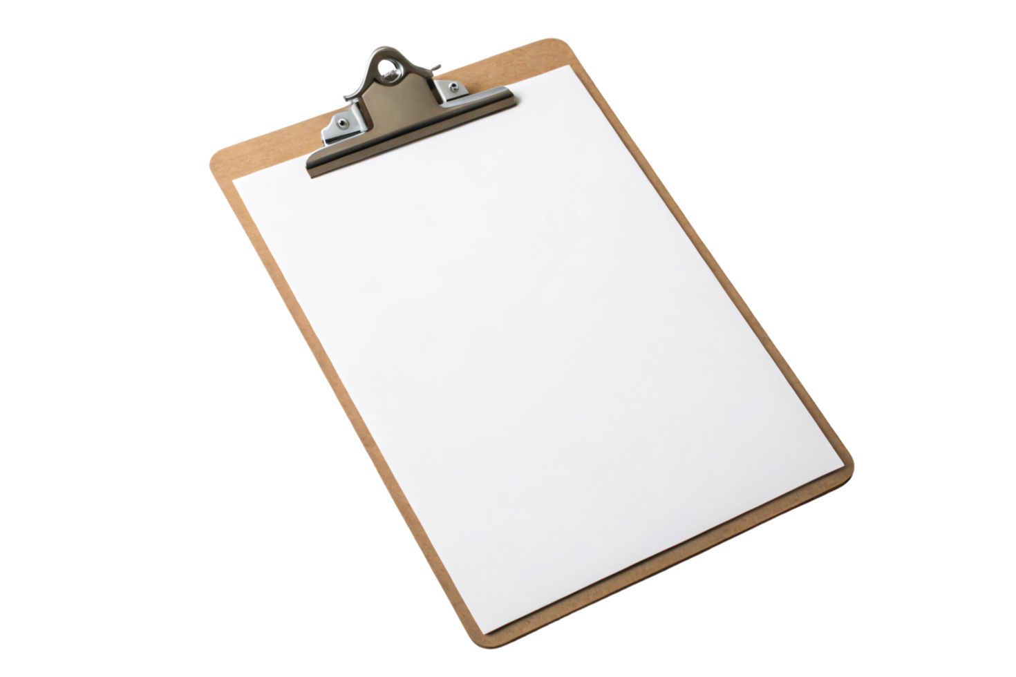 A standard wooden clipboard holding a blank white sheet. Its sleek metallic clip secures the paper firmly png