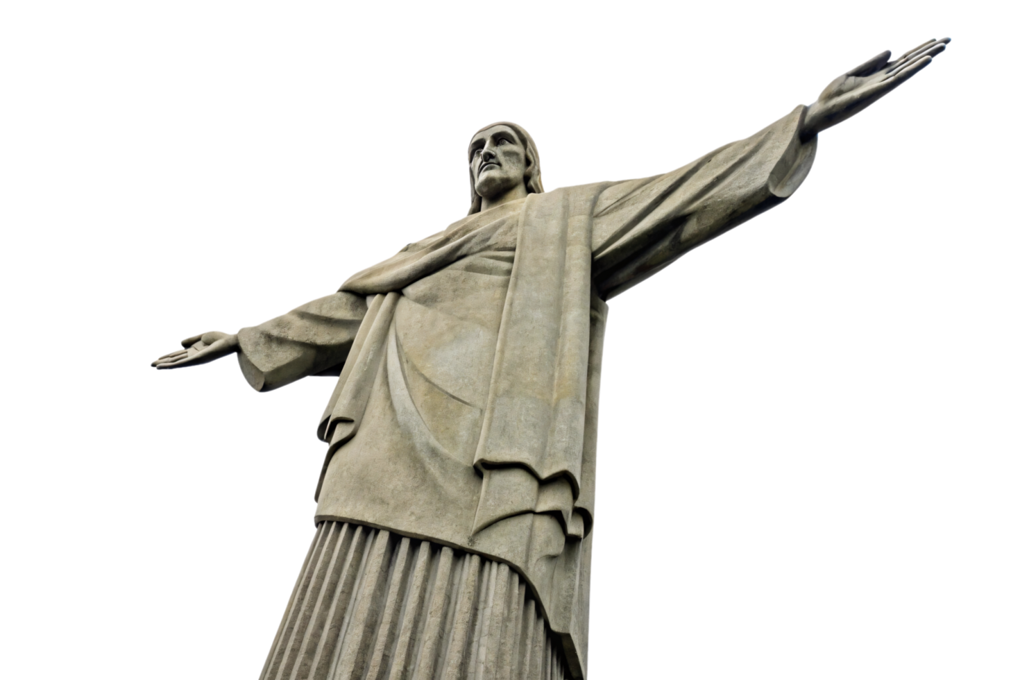 A striking view of the iconic Christ the Redeemer statue from below, highlighting its detailed folds and open-armed pose against the sky png