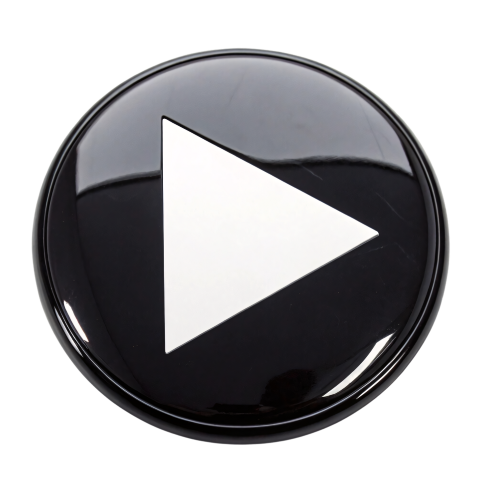 A glossy black circular button featuring a prominent white triangular play symbol, reflecting ambient light for a polished, 3D effect png