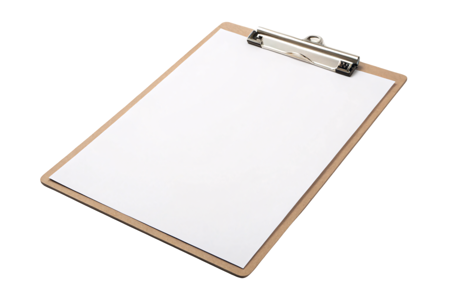 A simple wooden clipboard holding a blank white sheet, emphasizing its clean design and metal clip functionality png