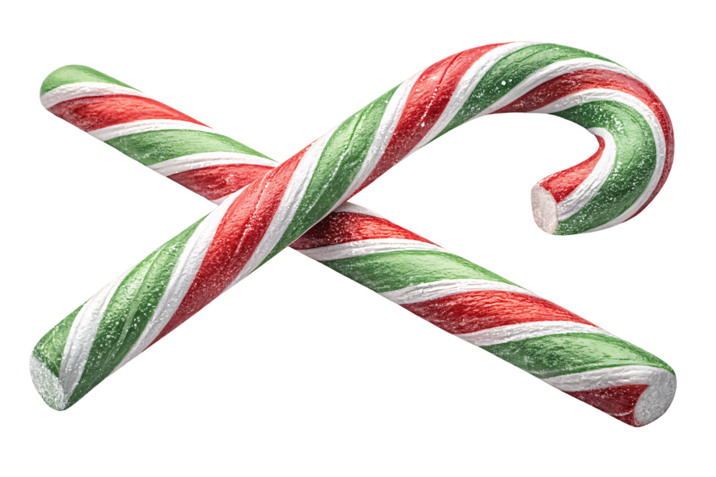 Crossed red, green, and white striped candy canes, showcasing traditional Christmas colors. Cheerful arrangement embodies holiday nostalgia and sweetness png