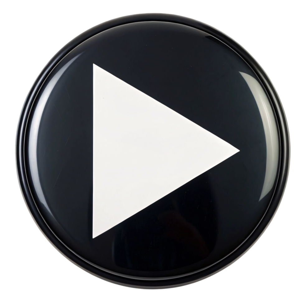 A flat, bold black button with a clean white triangle pointing right, offering a simple and elegant play icon with subtle reflections png