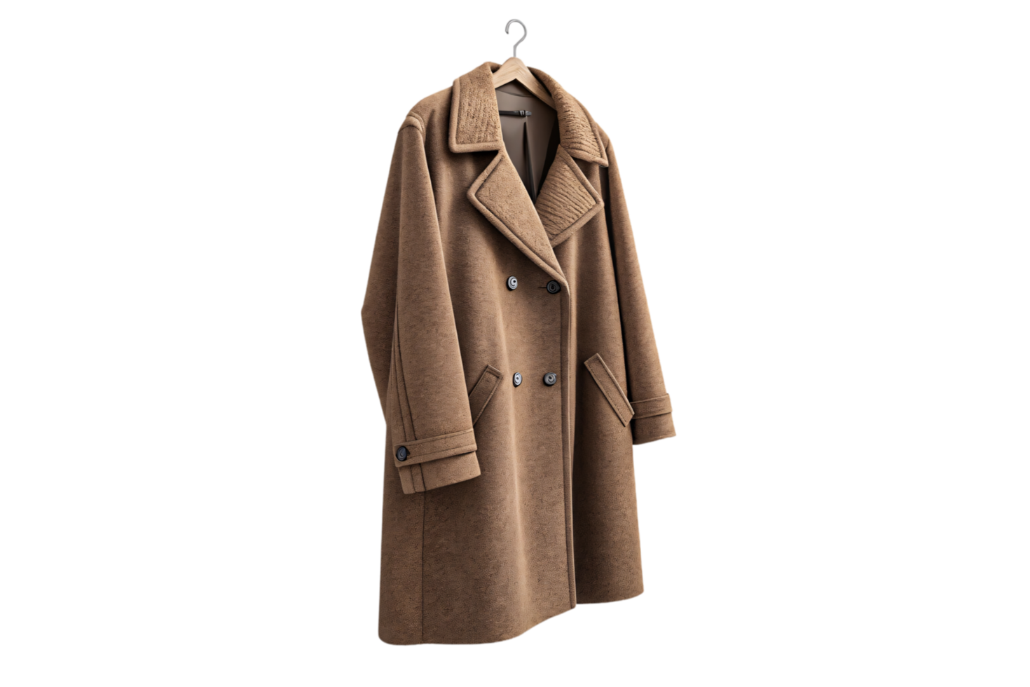 A warm brown double-breasted overcoat with a wide collar and buttons, presented on a hanger with a soft, plush appearance png