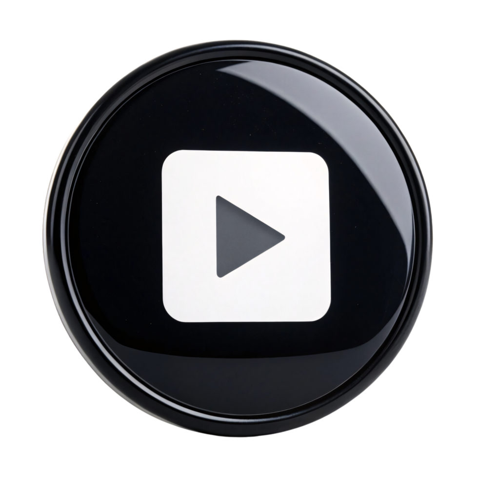 A sleek black circular button with a white play icon, polished and reflective in appearance png