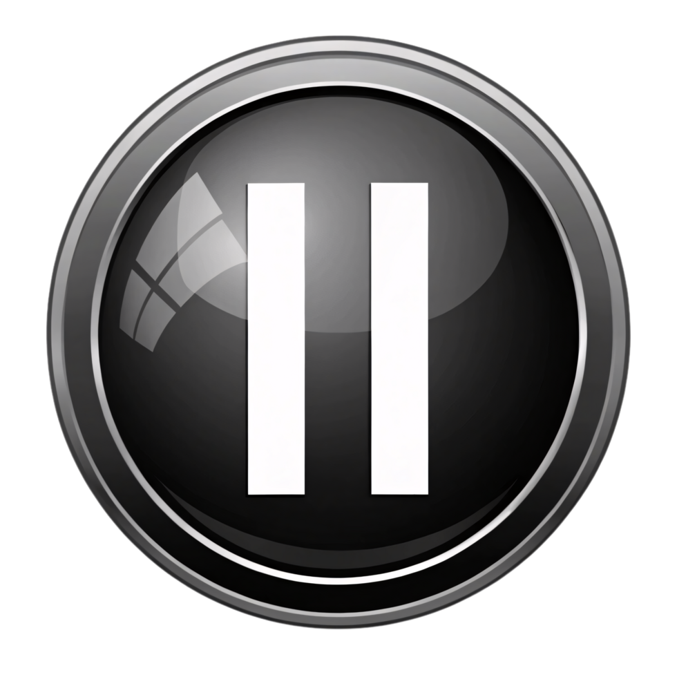 A black button with a pause symbol, enhanced by a distinct reflective window-like highlight on its surface for added depth png