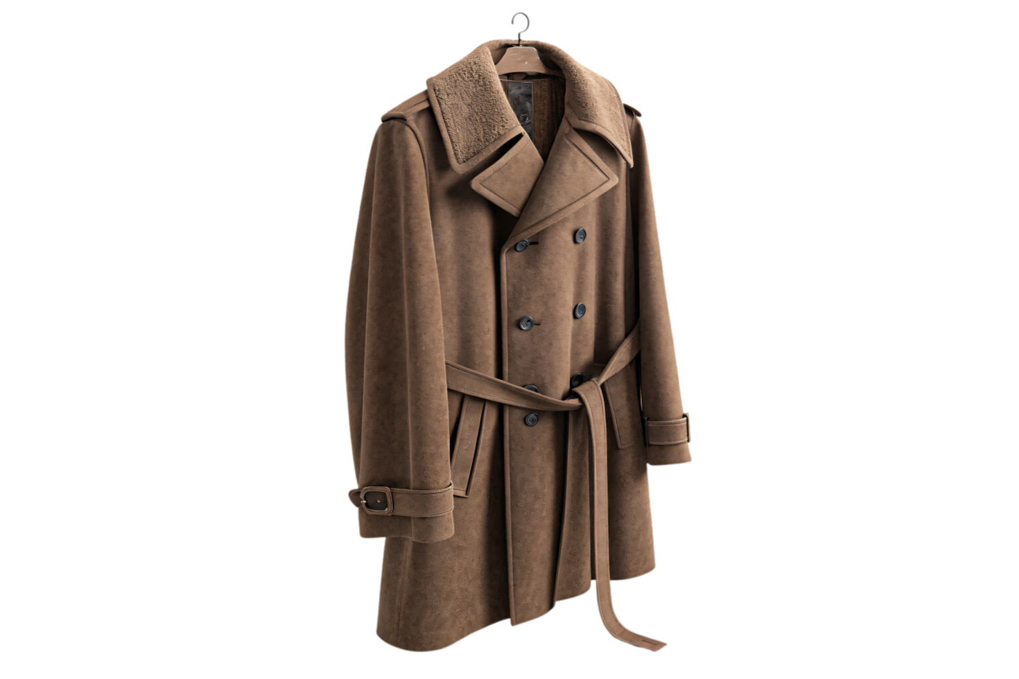 A tailored trench coat in brown suede, featuring a belted waist, button closure, and textured lapel details, evoking a vintage aesthetic png