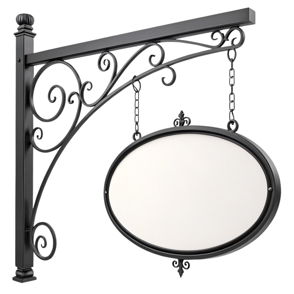 A vintage-style black wrought iron frame with intricate scrollwork holds an oval blank sign, evoking a classic, elegant storefront design png