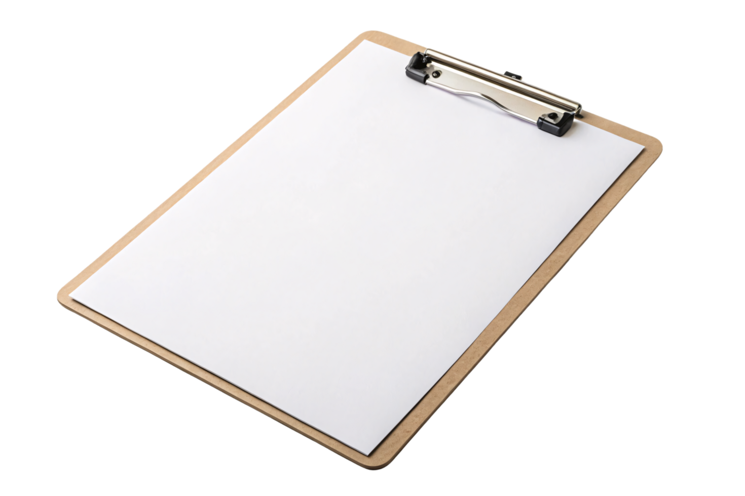 A slightly rotated view of the clipboard and paper, focusing on the strong metal clip and smooth wood surface png