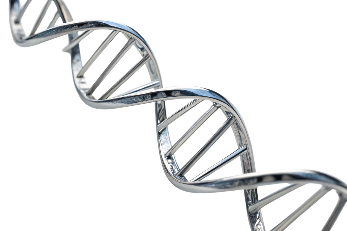 Close-up focus on the metallic DNA helix, emphasizing the intricate rungs and the seamless curve of its silver-like structure png