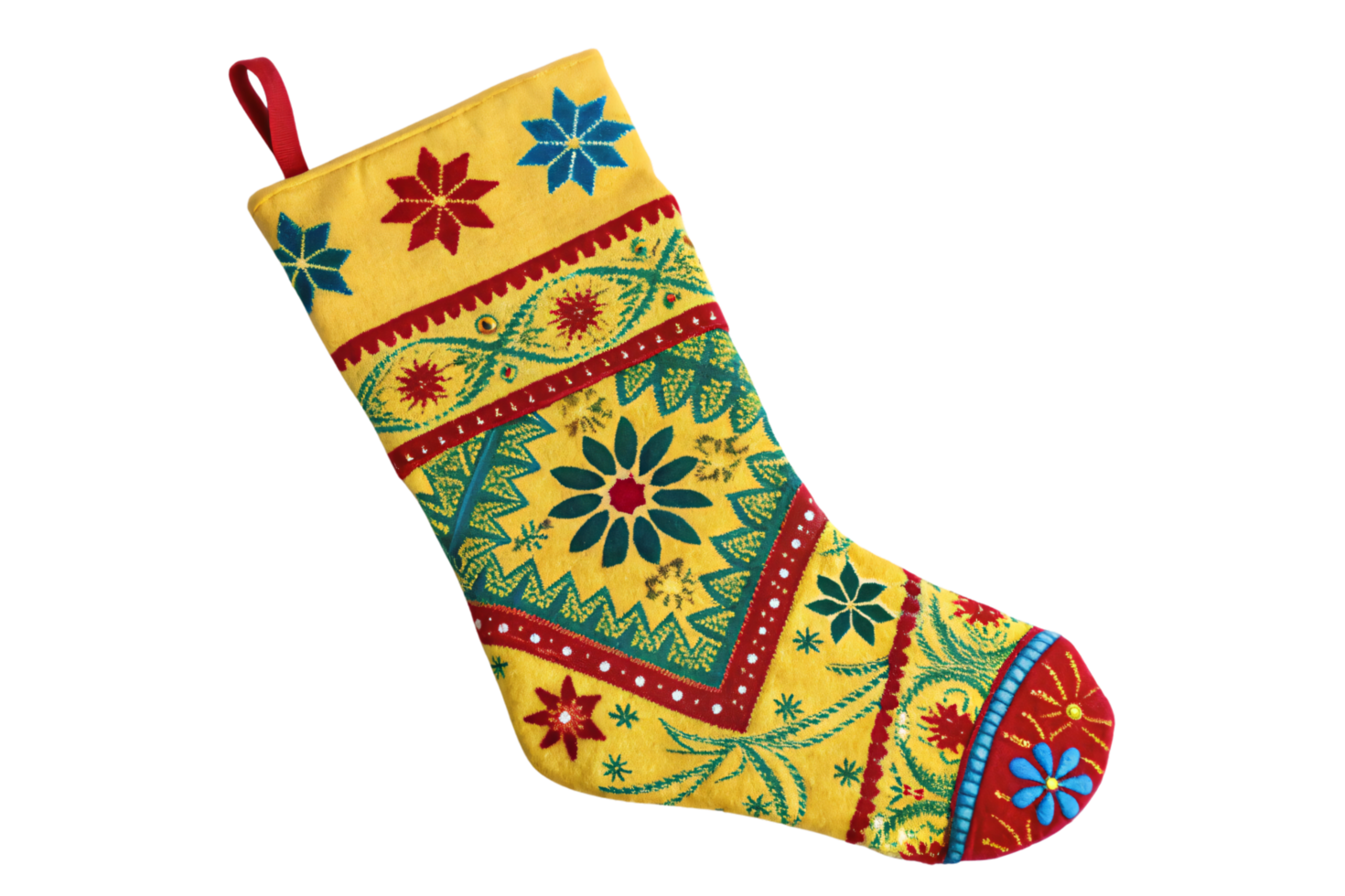 A vibrant yellow Christmas stocking with bold floral patterns in green, red, and blue, framed by decorative borders and a red loop png
