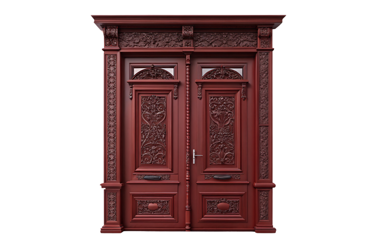 Lavishly carved red double doors with intricate floral patterns, rich textures, and metallic accents, showcasing classic artistry png