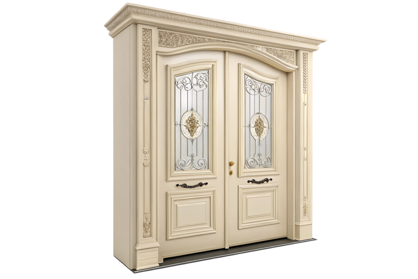 ide-by-side ivory doors, one with lattice-patterned glass, the other with minimalistic gold detailing, both framed by intricate moldings png