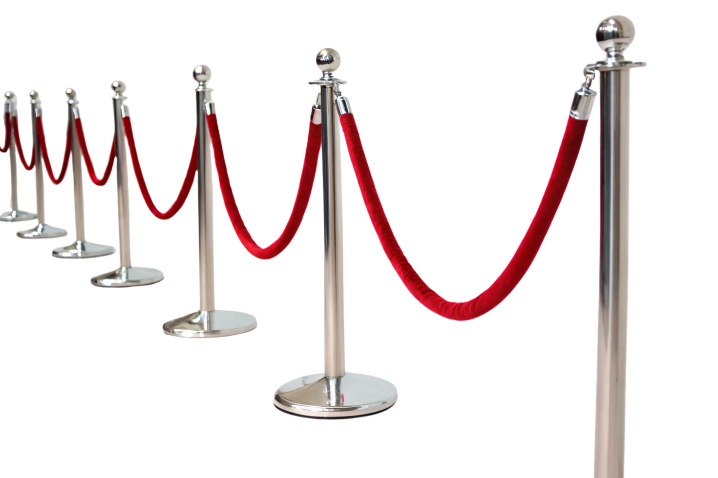 A queue of polished stanchions connected by red velvet ropes, symbolizing exclusivity or controlled access to an event png