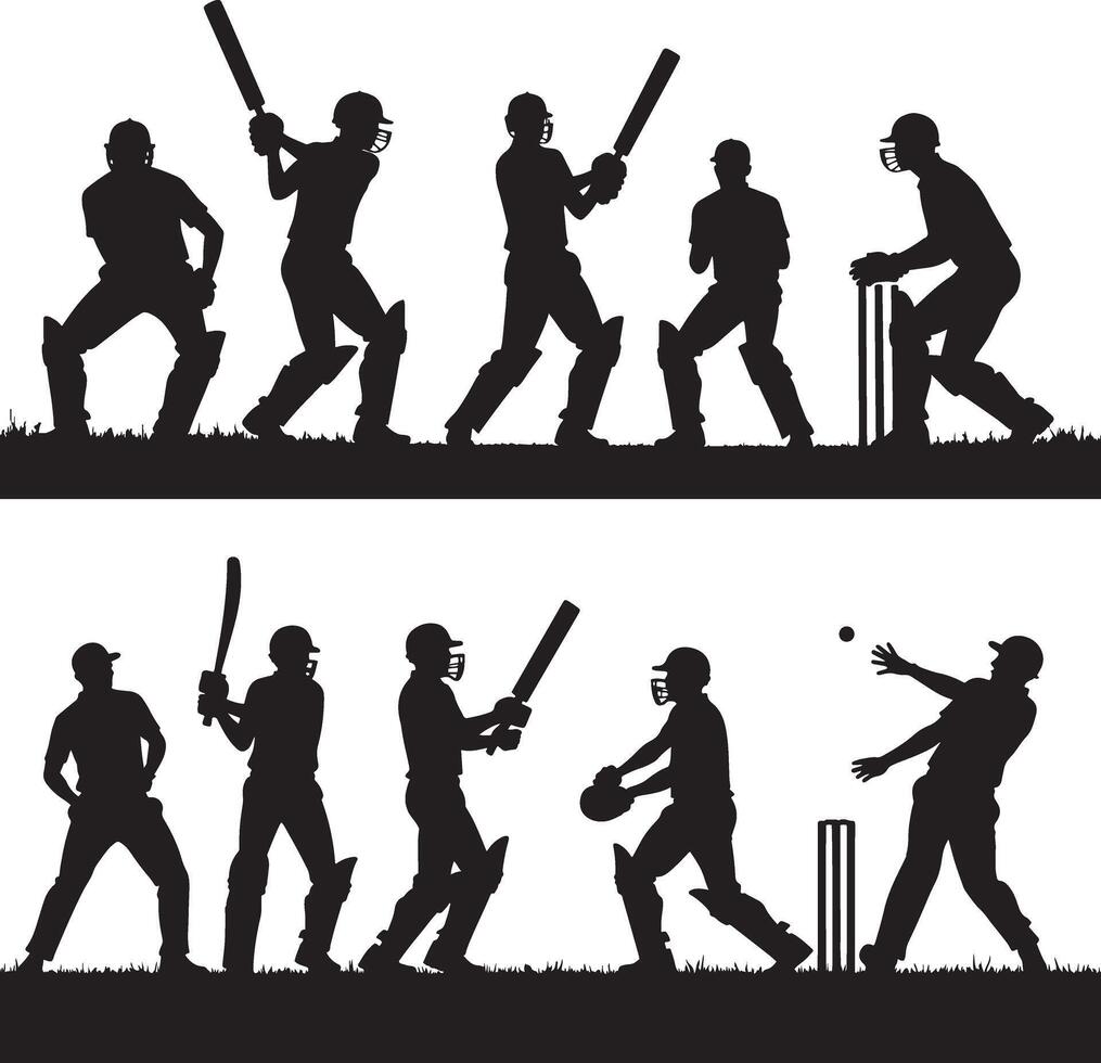 silhouette set of black cricket players shape art illustration with white background vector