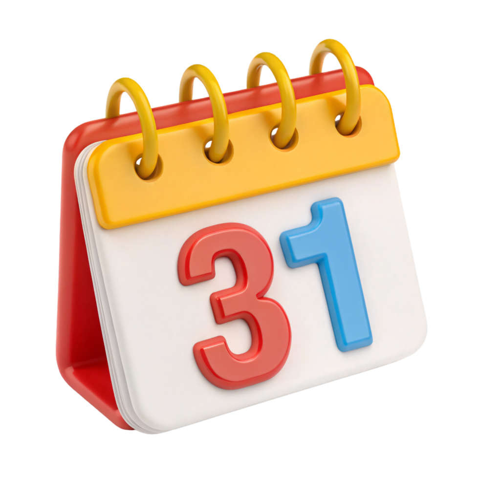 A small yellow desk calendar with bold red and blue 3D numbers 31 displayed on white pages, set against bright yellow rings png