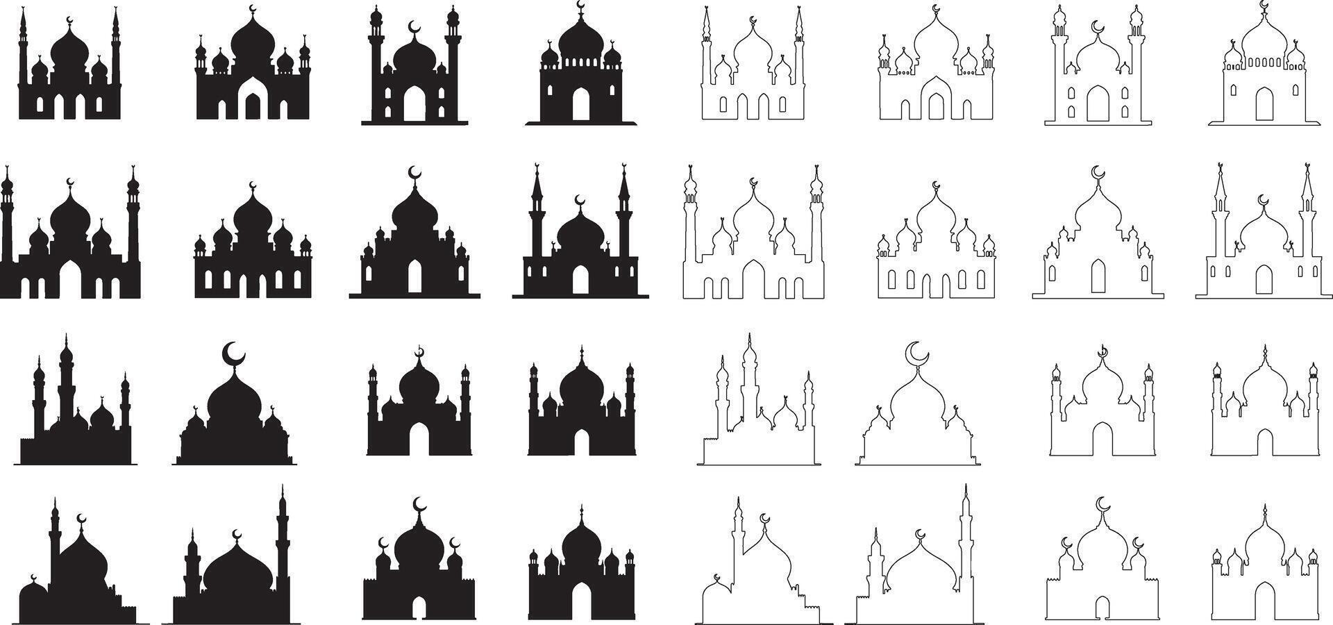 Silhouette of Mosque icon art illustration, Mosque shape, Mosque silhouette design set collection with white background vector
