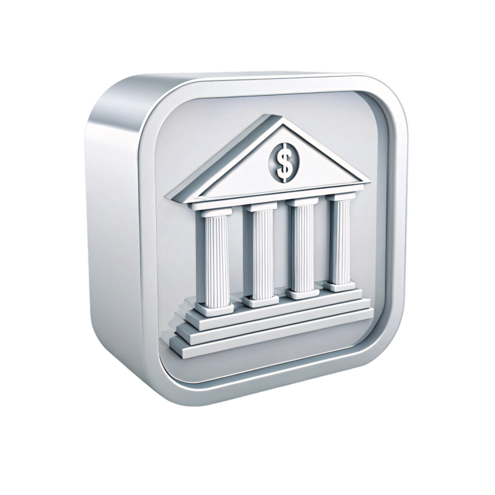 3D-rendered bank icon with bold columns and a dollar sign, encased in a square frame, representing financial institutions and wealth png
