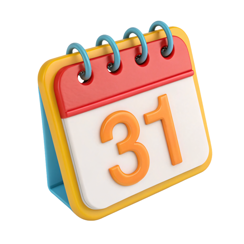 A trendy desktop calendar with light blue rings, orange 31 digits, a red header, and a cheerful yellow base png
