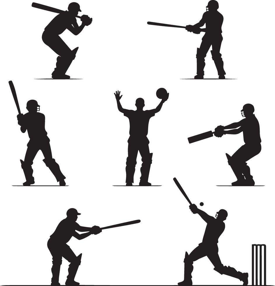 Cricket player icon silhouette illustration set collection vector
