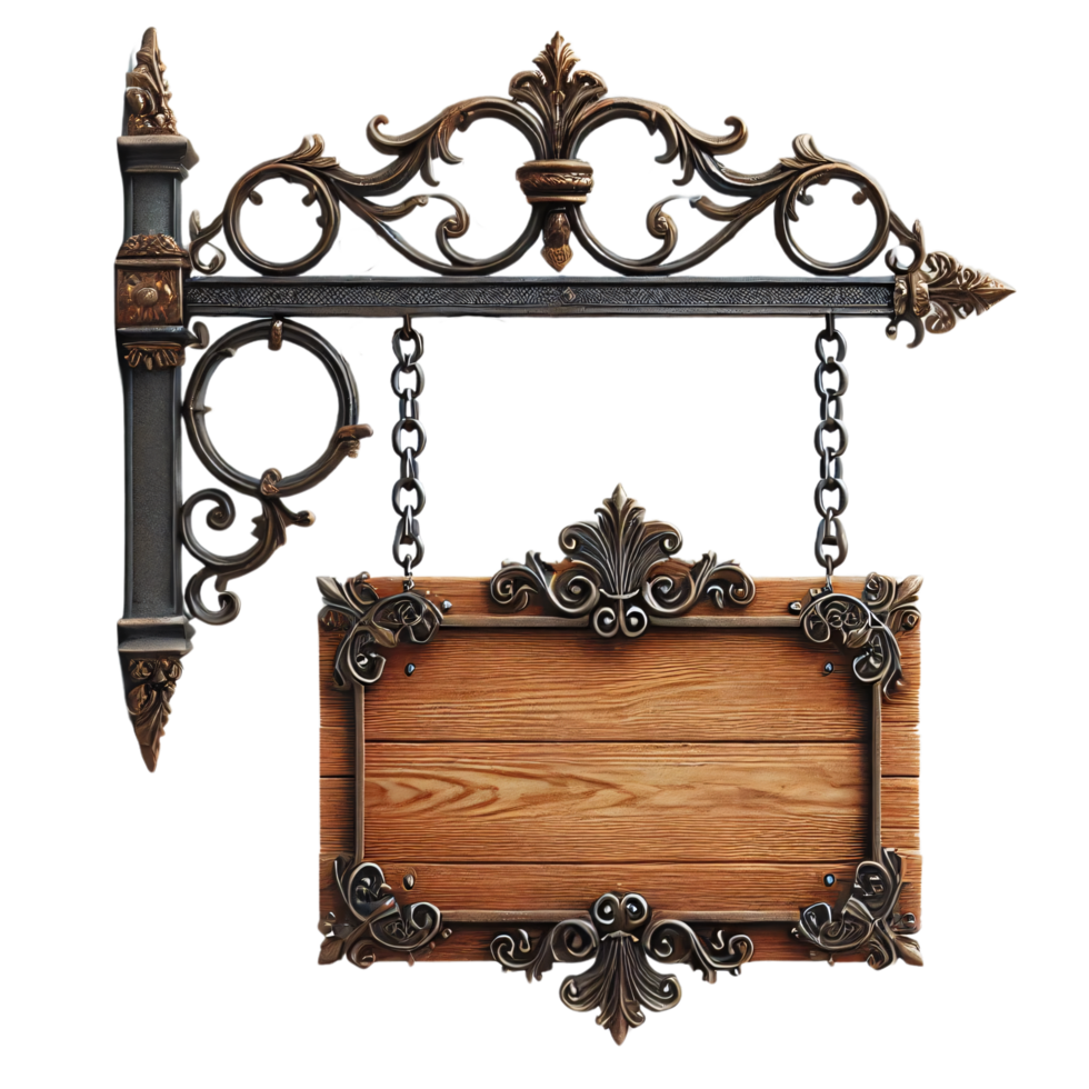 Highly ornate wooden sign encased in intricate black wrought iron, featuring baroque-style detailing. Perfect for upscale establishments seeking an antique appearance png