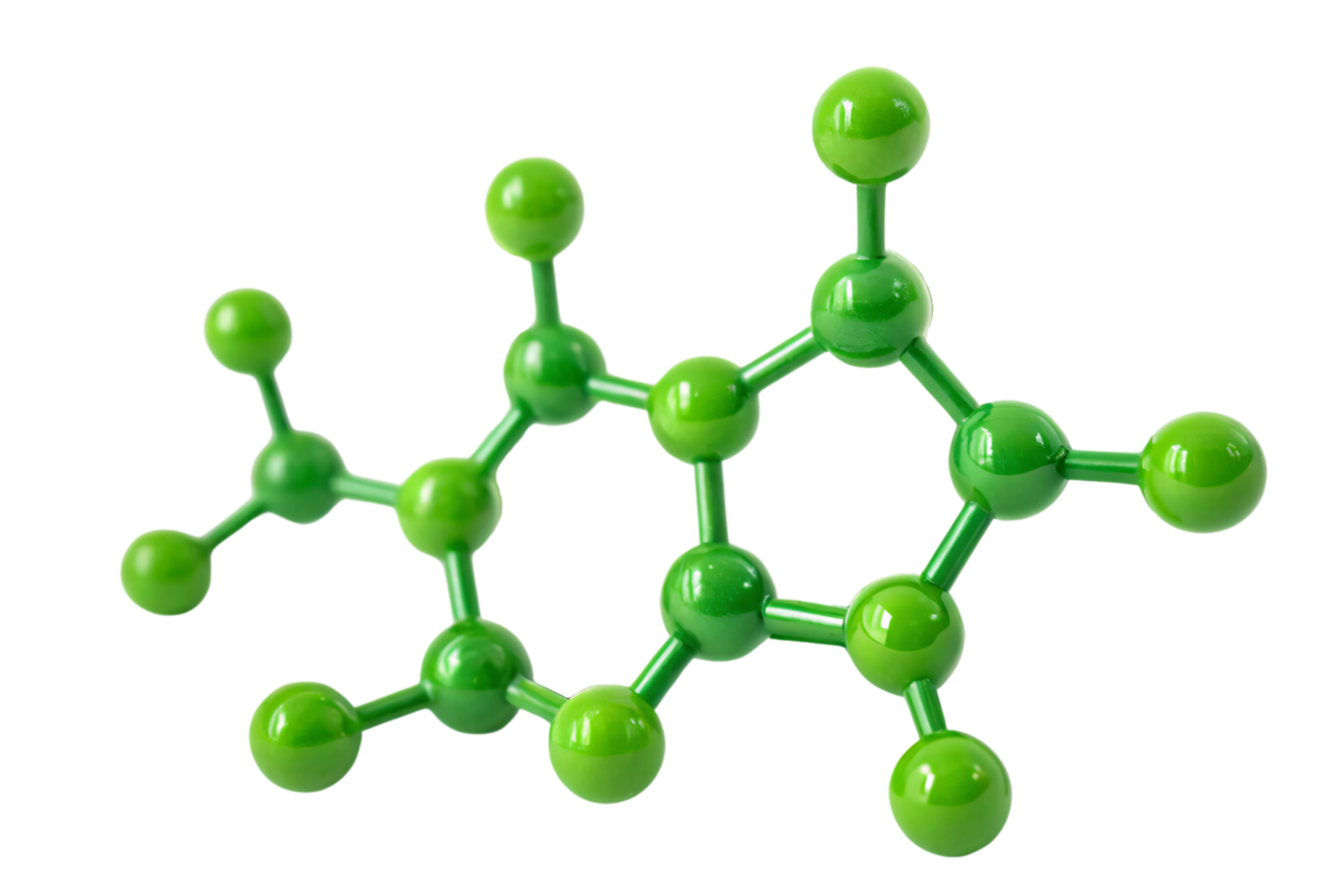 An interconnected green molecular model featuring rings and branches, highlighting a versatile organic compound potential chemical structure png