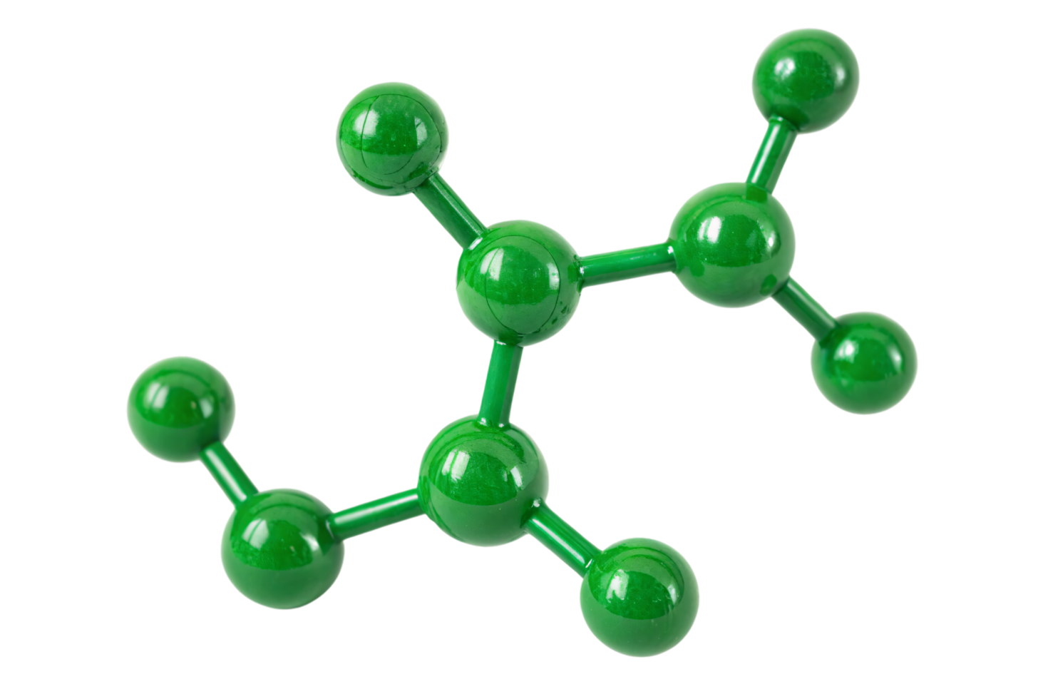 A simple 3D molecular model with green spheres, showcasing a tetrahedral arrangement, likely representing a carbon atom and its bonded hydrogen atoms png