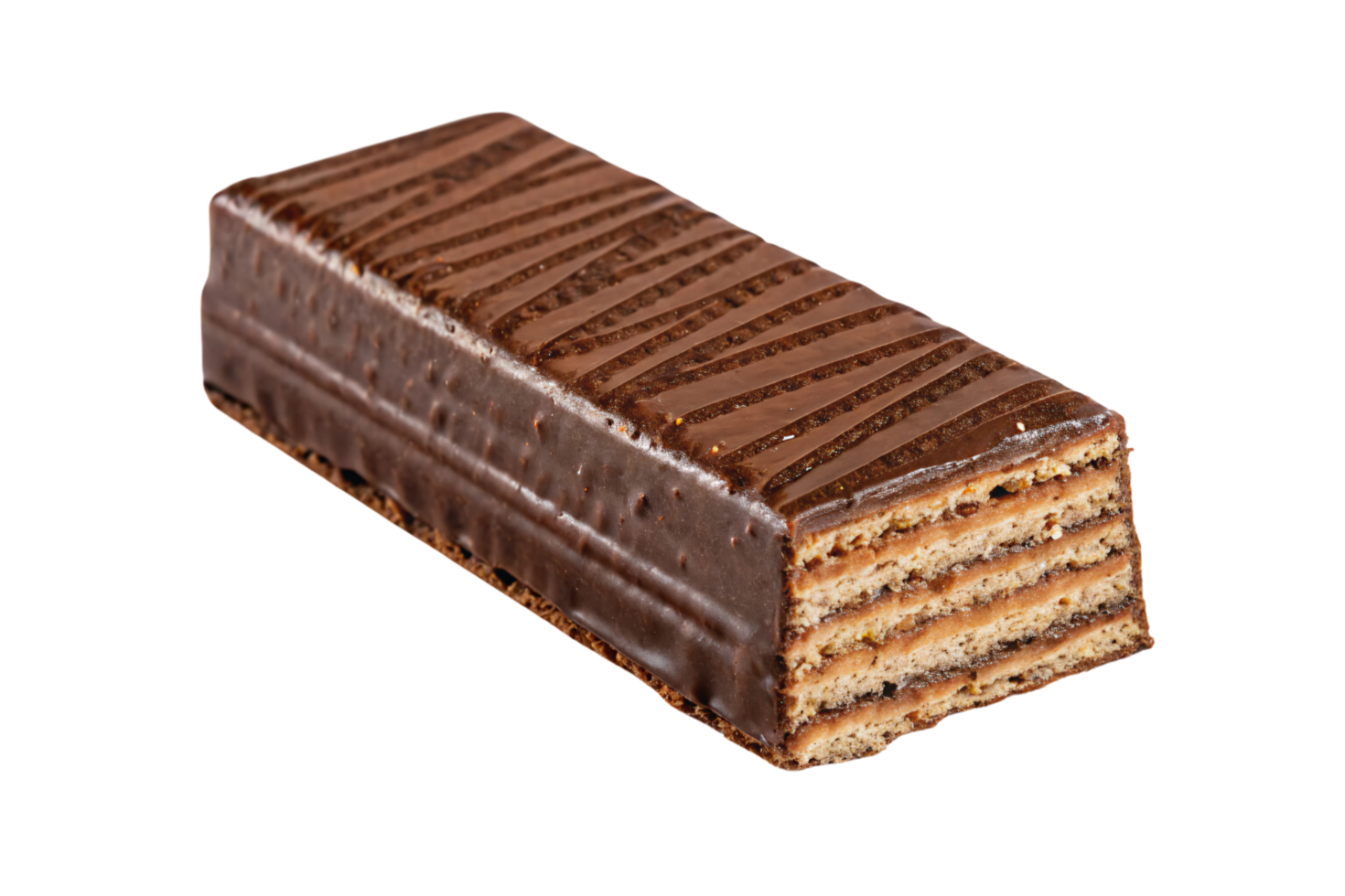 Rectangular chocolate wafer bar with uniform chocolate drizzles on top, showcasing neatly layered wafers and filling for a perfectly balanced treat png