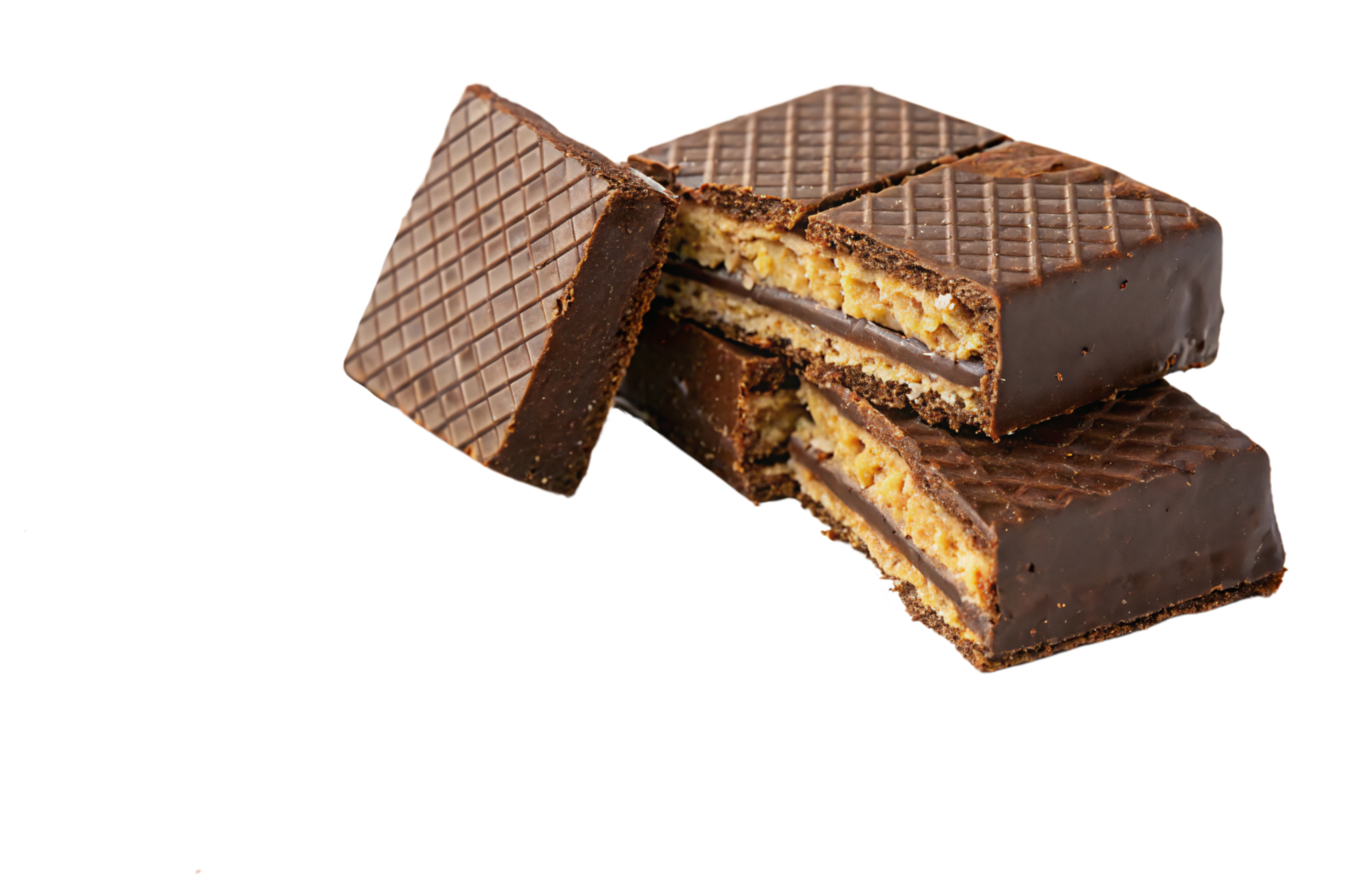 Stacked chocolate wafers with smooth chocolate coating and visible cream layers inside, offering a blend of crisp and creamy textures png