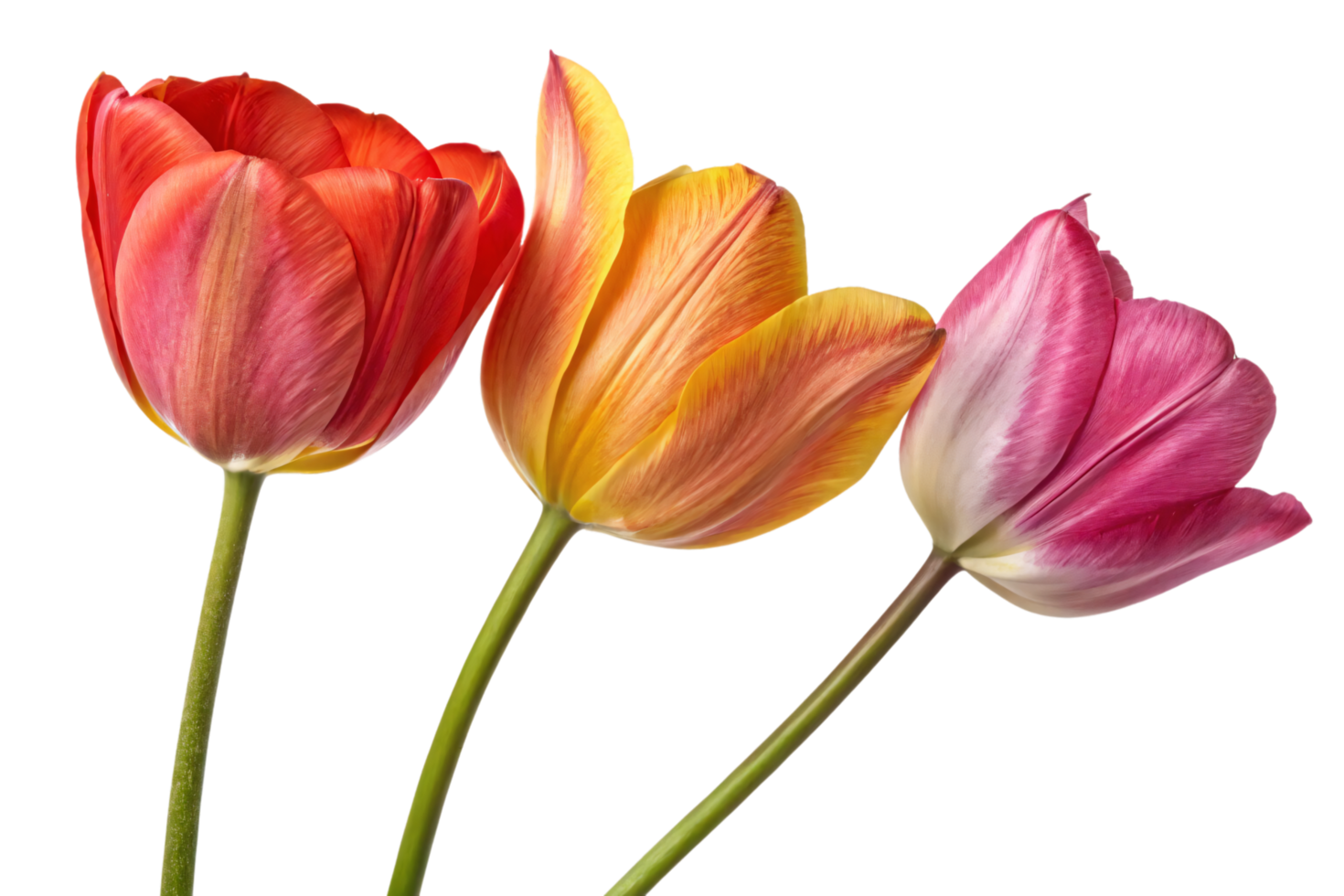 A minimalistic trio of tulips in fiery red, golden yellow, and soft pink tones, standing gracefully with vivid green stems png