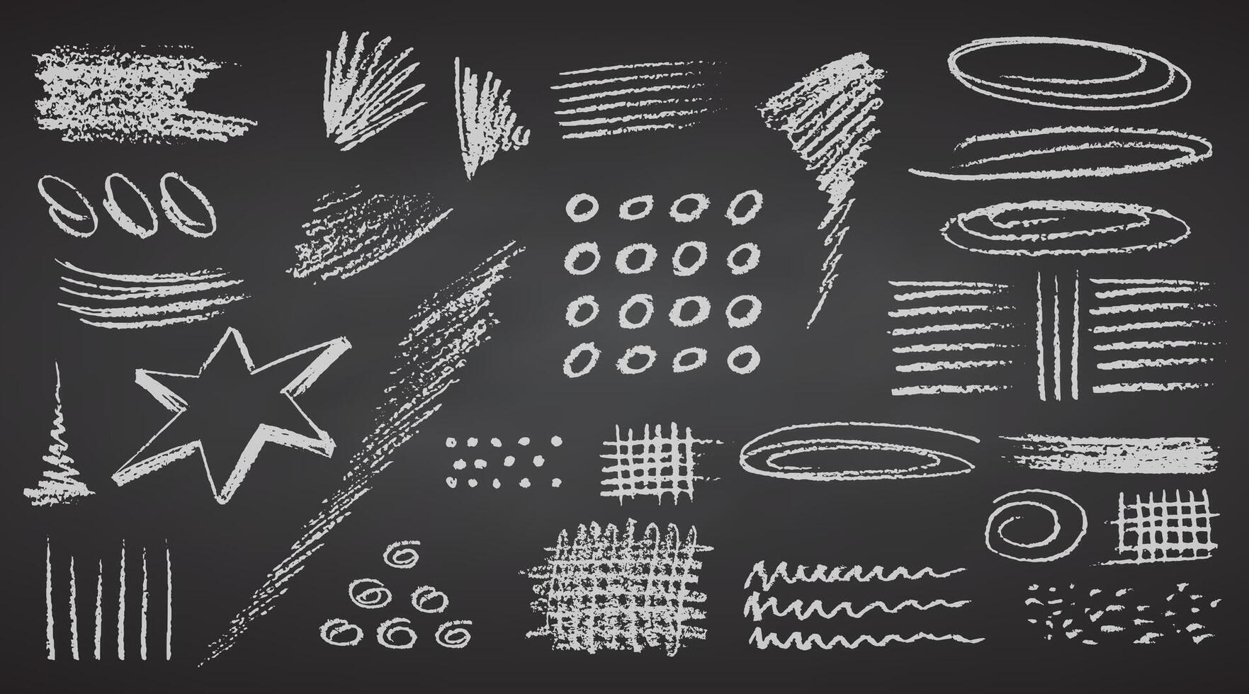 Charcoal pencil hand drawing curly lines, splash, squiggle and shapes. White elements on chalkboard. Grunge chalk crayon scribbles doodles textures. Rough crayon strokes. illustration vector