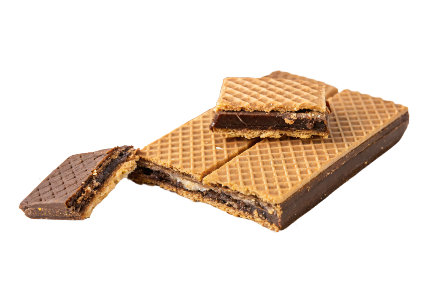 Wafers with a golden outer shell and chocolate center, revealing a mix of crunchy and rich, decadent chocolate filling inside png
