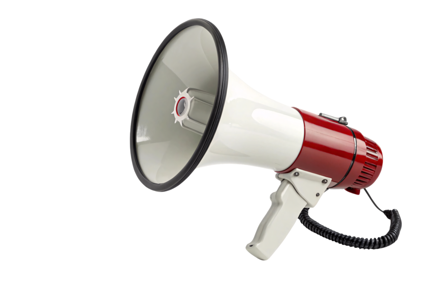A red and white megaphone with a coiled cord, projecting a bold statement with its iconic design and robust build png