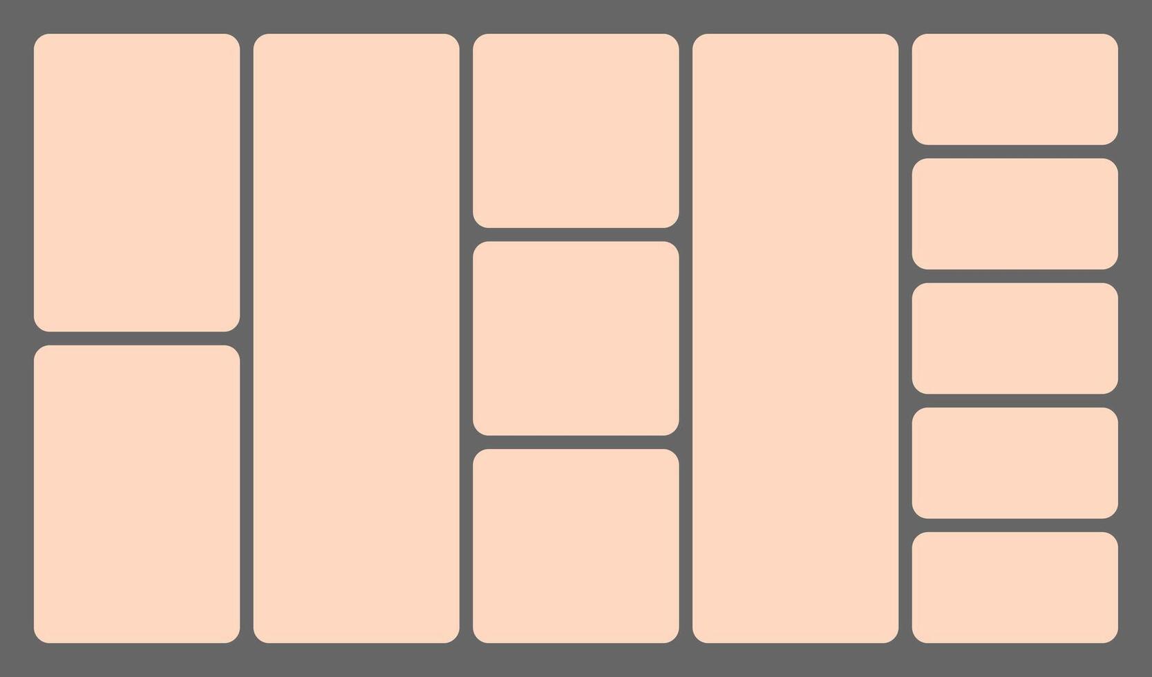 Dimensions 16x9 trendy bento grid layout style bricks Ui UX templates. Web comic grids, rounded corners. Different panel layouts with y2k and brutal shapes tiles of different sizes illustration vector