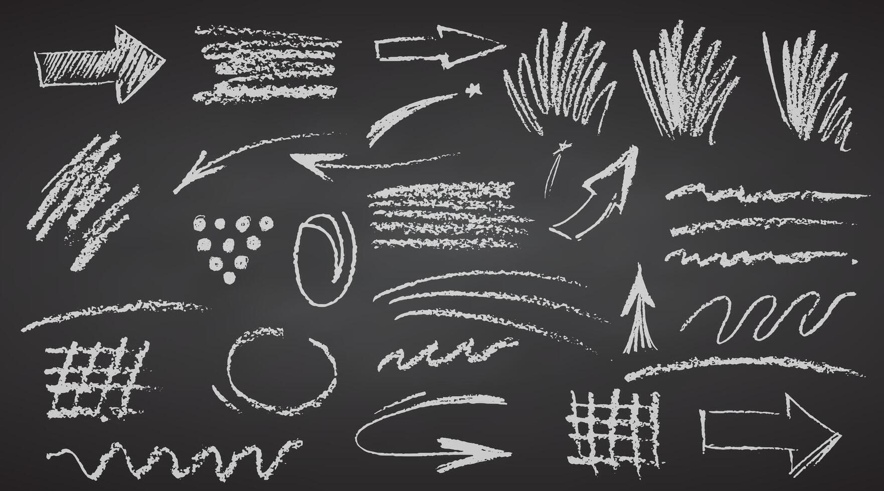 Charcoal pencil hand drawing curly lines, splash, squiggles and shapes. White elements on chalkboard. Grunge chalk crayon scribbles doodles textures. Rough crayon strokes vector