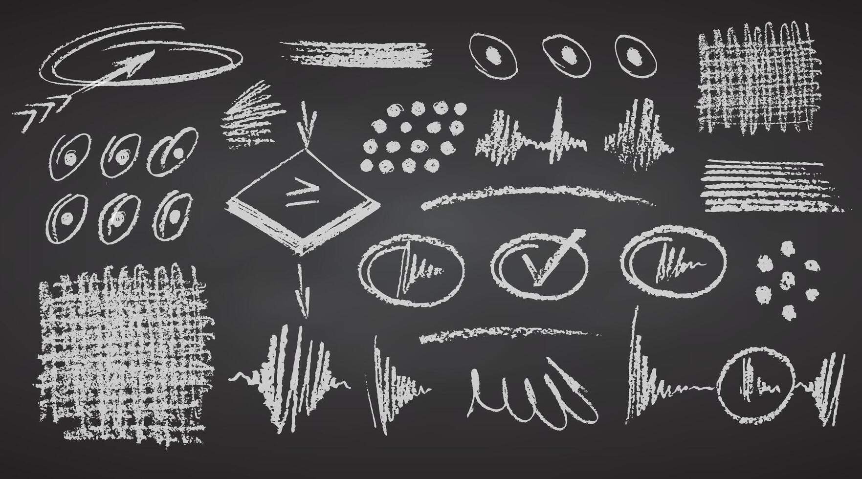 Charcoal pencil hand drawing curly lines, splash squiggles and shapes. White elements on chalkboard. Grunge chalk crayon scribbles doodles textures. Rough crayon strokes. illustration vector