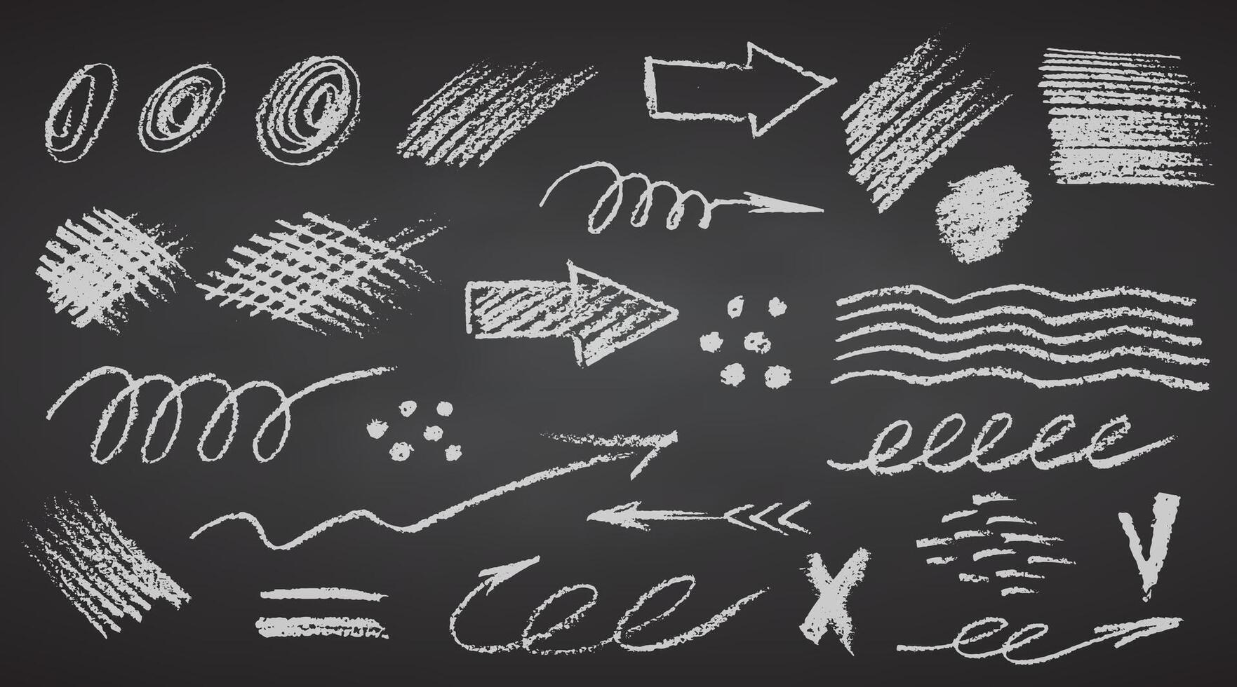 Charcoal pencil hand drawing curly lines splash, squiggles and shapes. White elements on chalkboard. Grunge chalk crayon scribbles doodles textures. Rough crayon strokes. illustration vector