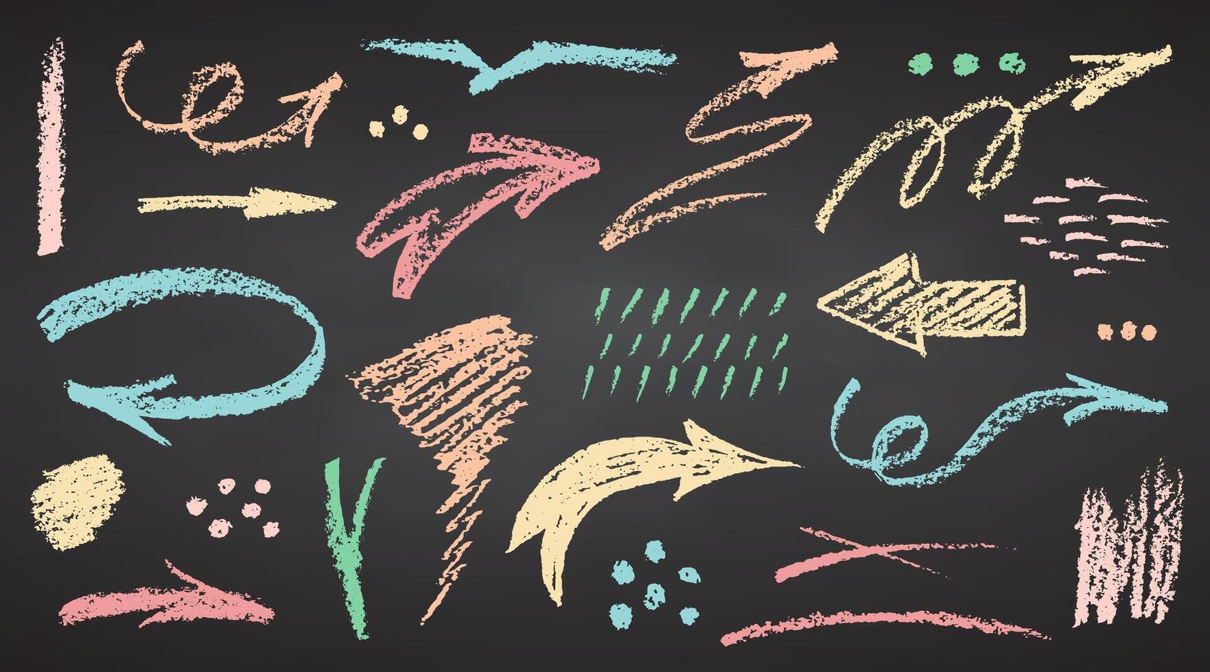 Charcoal color pastel pencil hand drawing curly arrows. White elements on chalkboard Grunge chalk crayon doodles textures Swishes swashes swoops swooshes, scribbles and squiggles. illustration vector