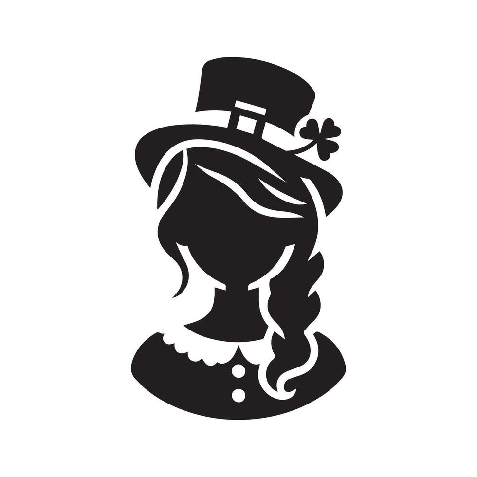 Cute girl wearing leprechaun hat silhouette on white background. vector