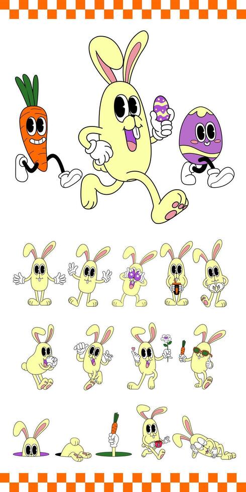 Whimsical rabbit bunny Easter funny cartoon retro style hand-drawn animation illustration vector