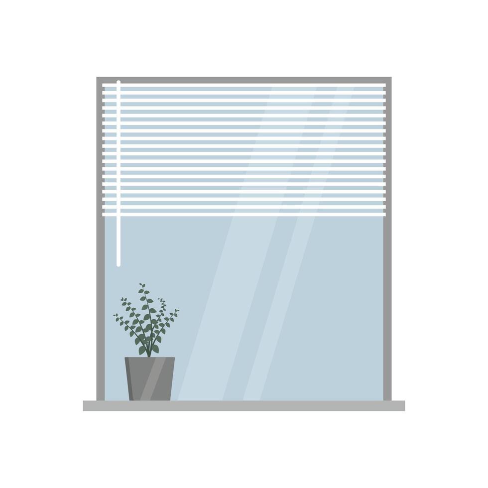 illustration of a window with a flower on the sill and white blinds in a flat style. vector