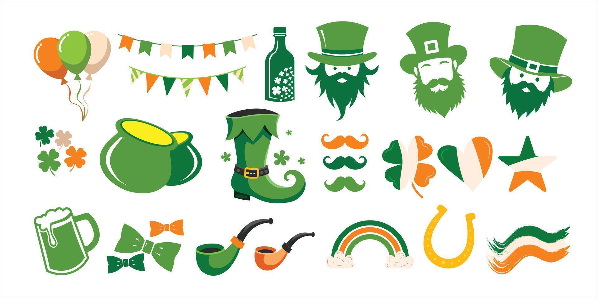 St Patricks Day Icons and Elements Set Leprechaun, Shamrock, Beer, Hat, Irish Decorations. vector