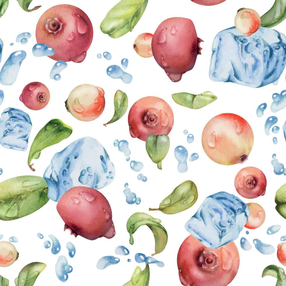 Cranberry lingonberry flying in water splash with ice cubes, drops and green leaves, hand drawn in watercolor, ripe summer forest berry. Isolated seamless pattern. Patchwork, cafe menu, farmers market vector