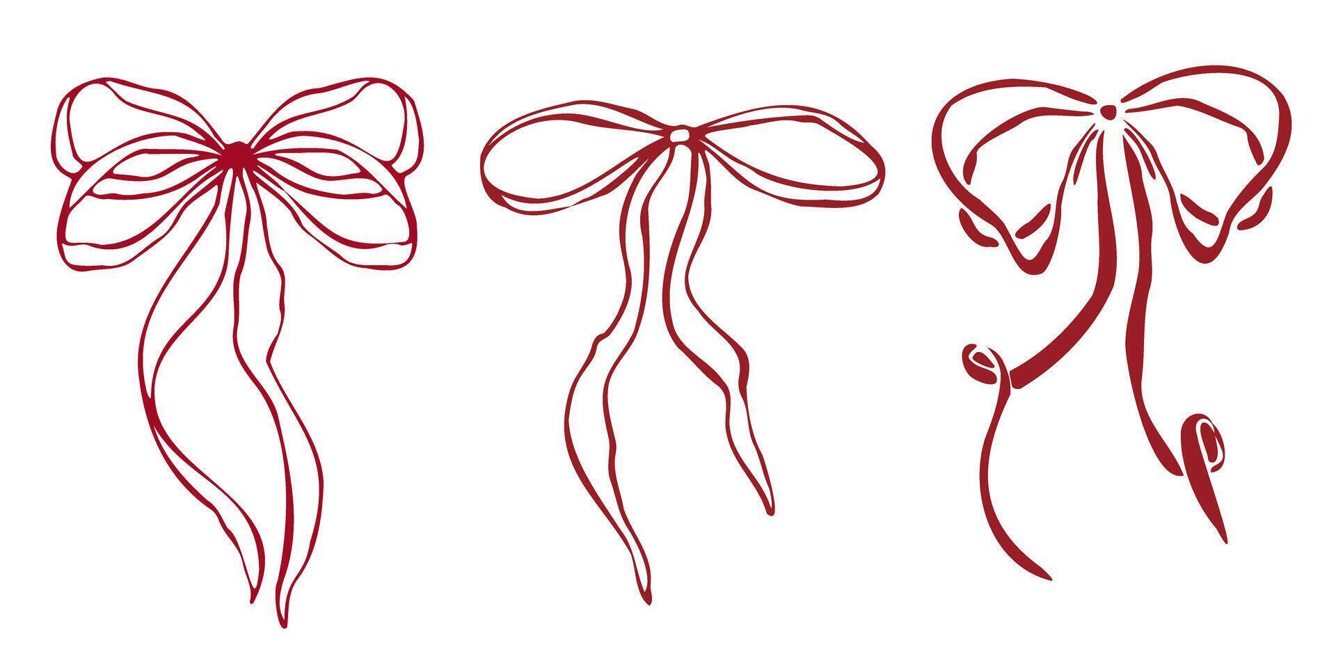 Hand drawn red bows with various shapes and ribbon styles. Minimalist red outline linear trendy sketch style. illustration for fashion, packaging, digital prints, invitation, scrapbooking, logo vector