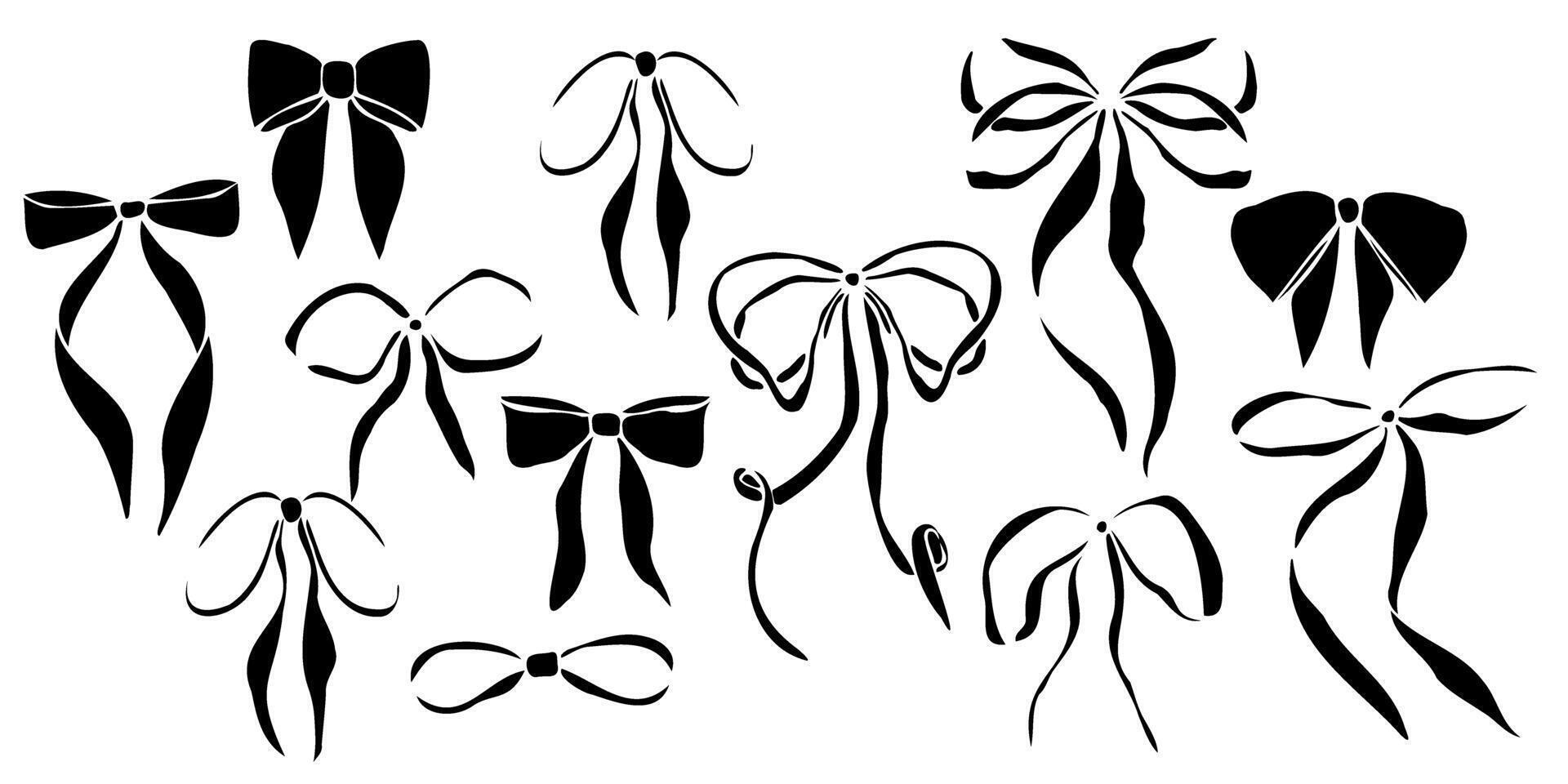 Hand drawn bows set with various shapes and ribbon styles. Minimalist black linear trendy sketch style illustration for fashion design, packaging, digital prints, invitation, scrapbooking, logo vector