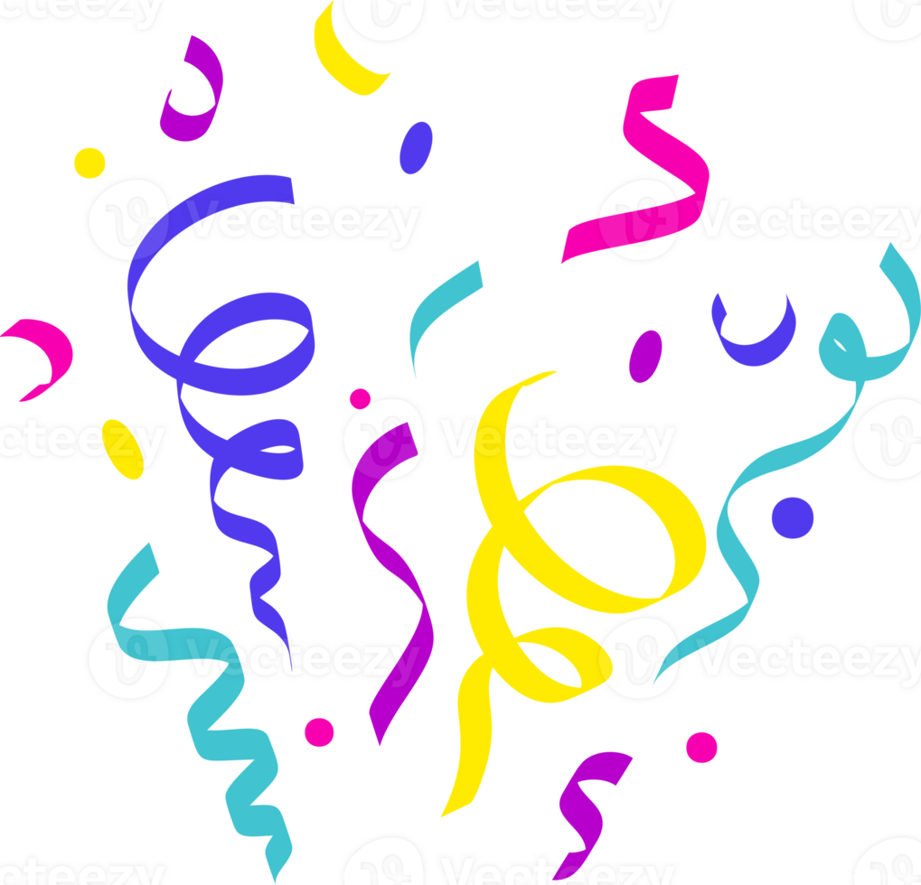 Confetti explosion. Colored elements for birthday party and carnival celebration. Falling serpentine, burst of firework for surprise and gift decoration png