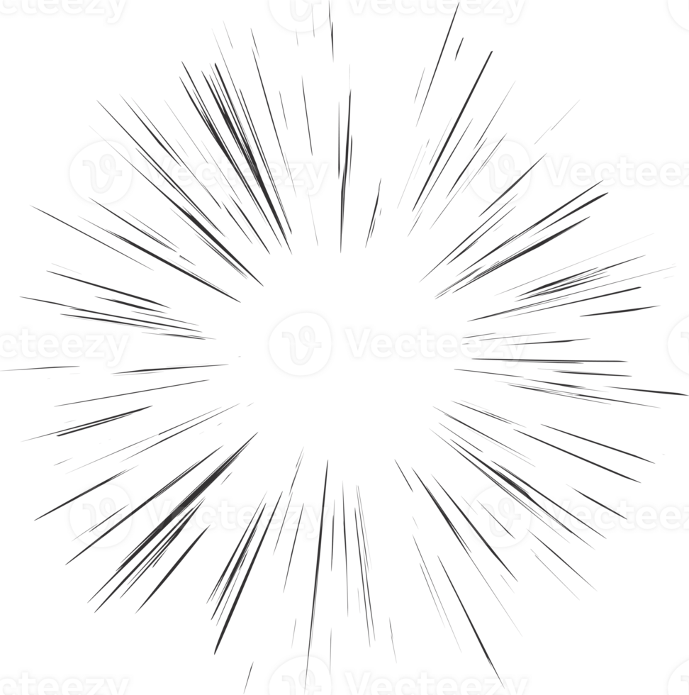Comic speed line effect. Manga explosion. Anime radial burst. Perspective motion of rays. Superhero frame. Abstract blast scream and glow. Center of impact. png